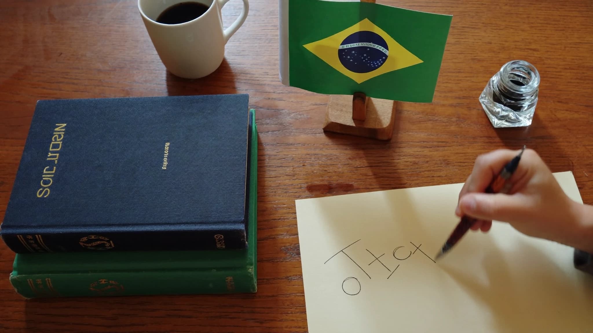 Mesa de estudos com caderno Hinos e Símbolos, bandeira do Brasil e materiais Via Bella