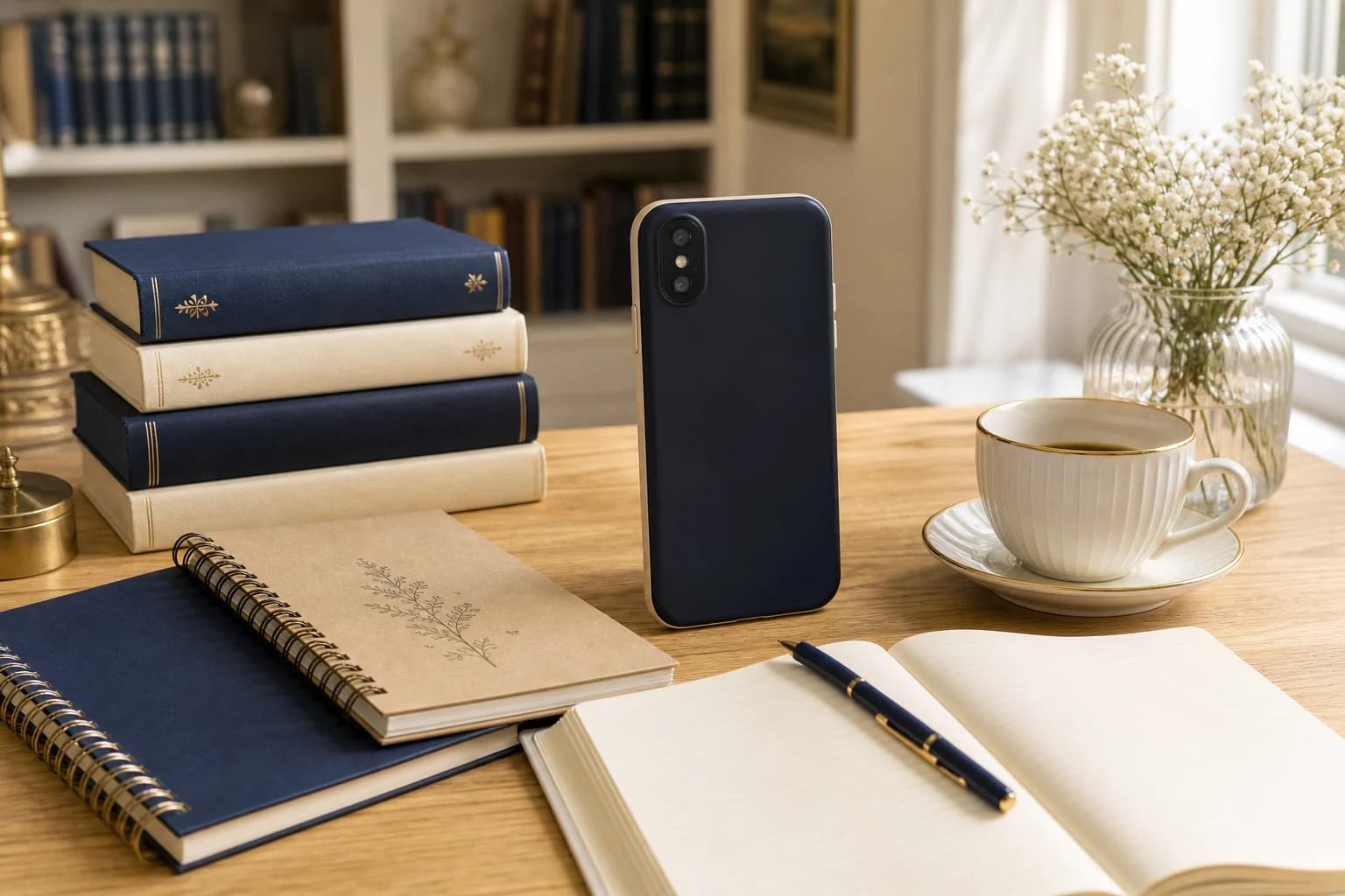 Mesa de estudos com o celular de costas, cadernos e livros Via Bella