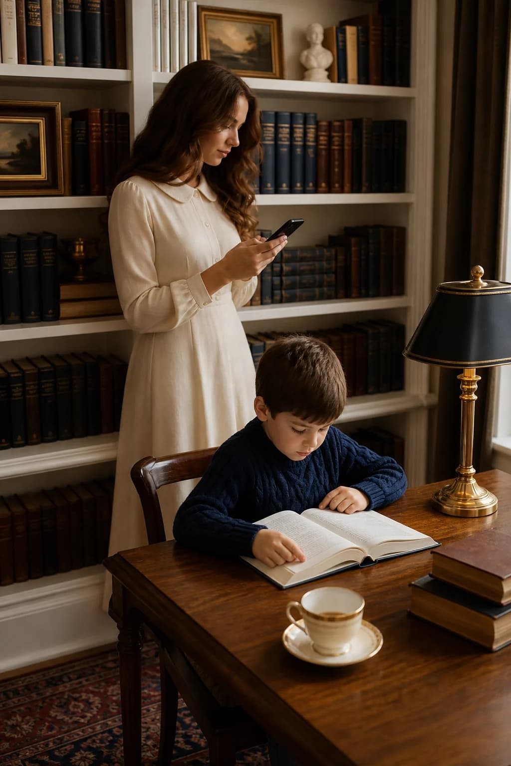 Mãe na biblioteca de casa, celular na mão, filho lendo à mesa