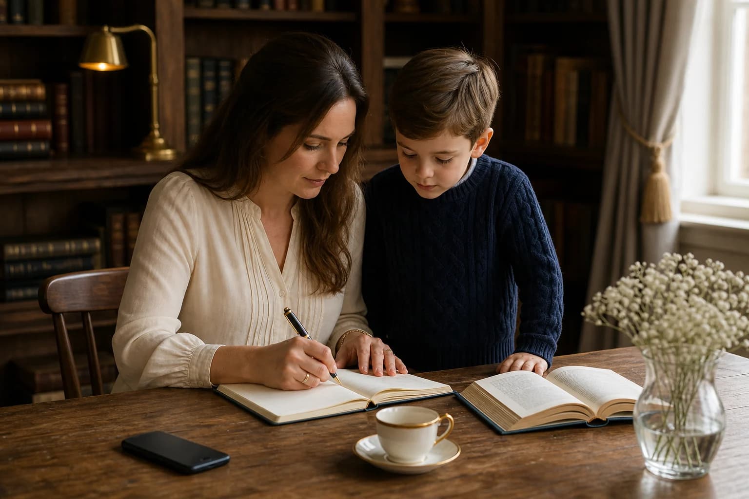 Mãe e filho na mesa da biblioteca, organizando o caderno da jornada
