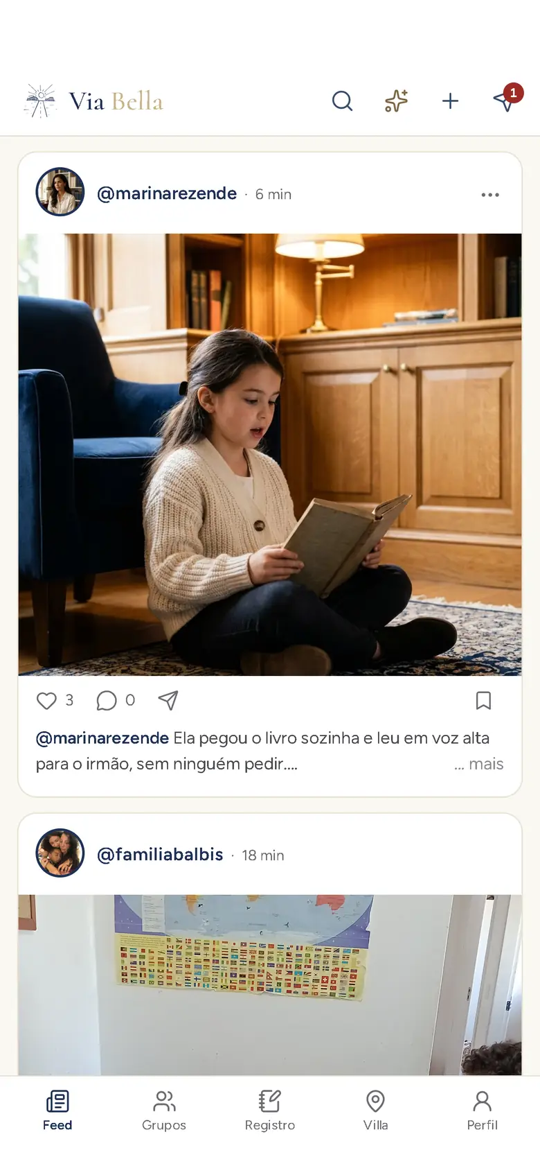 Feed do Docentia no celular, com publicações de mães