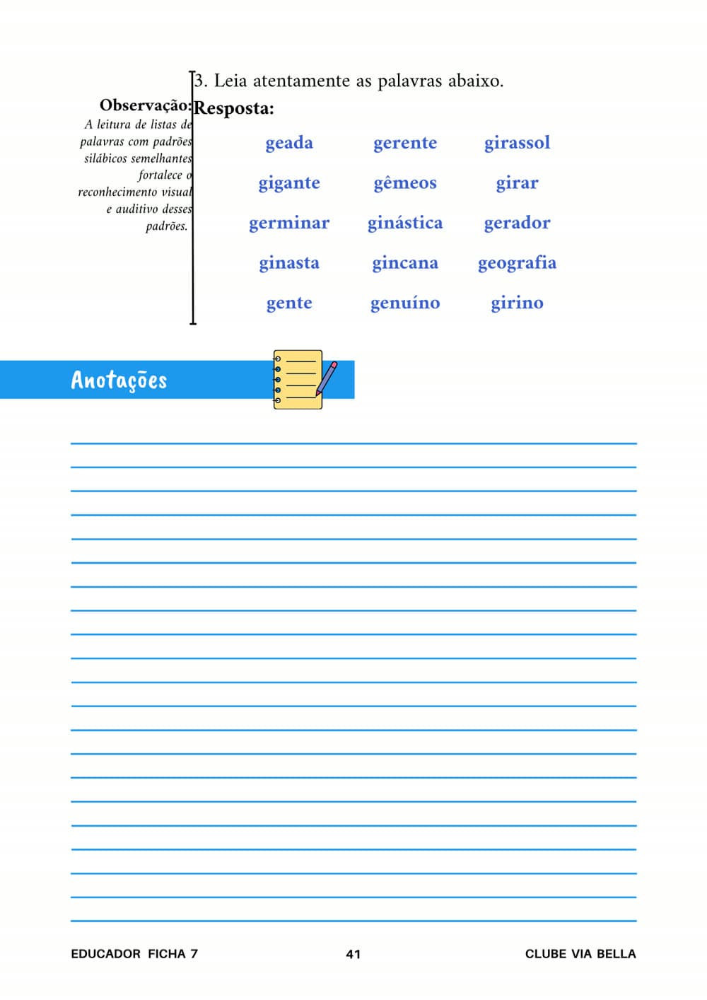 Caderno do Educador - continuação do gabarito da ficha 7 com lista de palavras e espaço de anotações