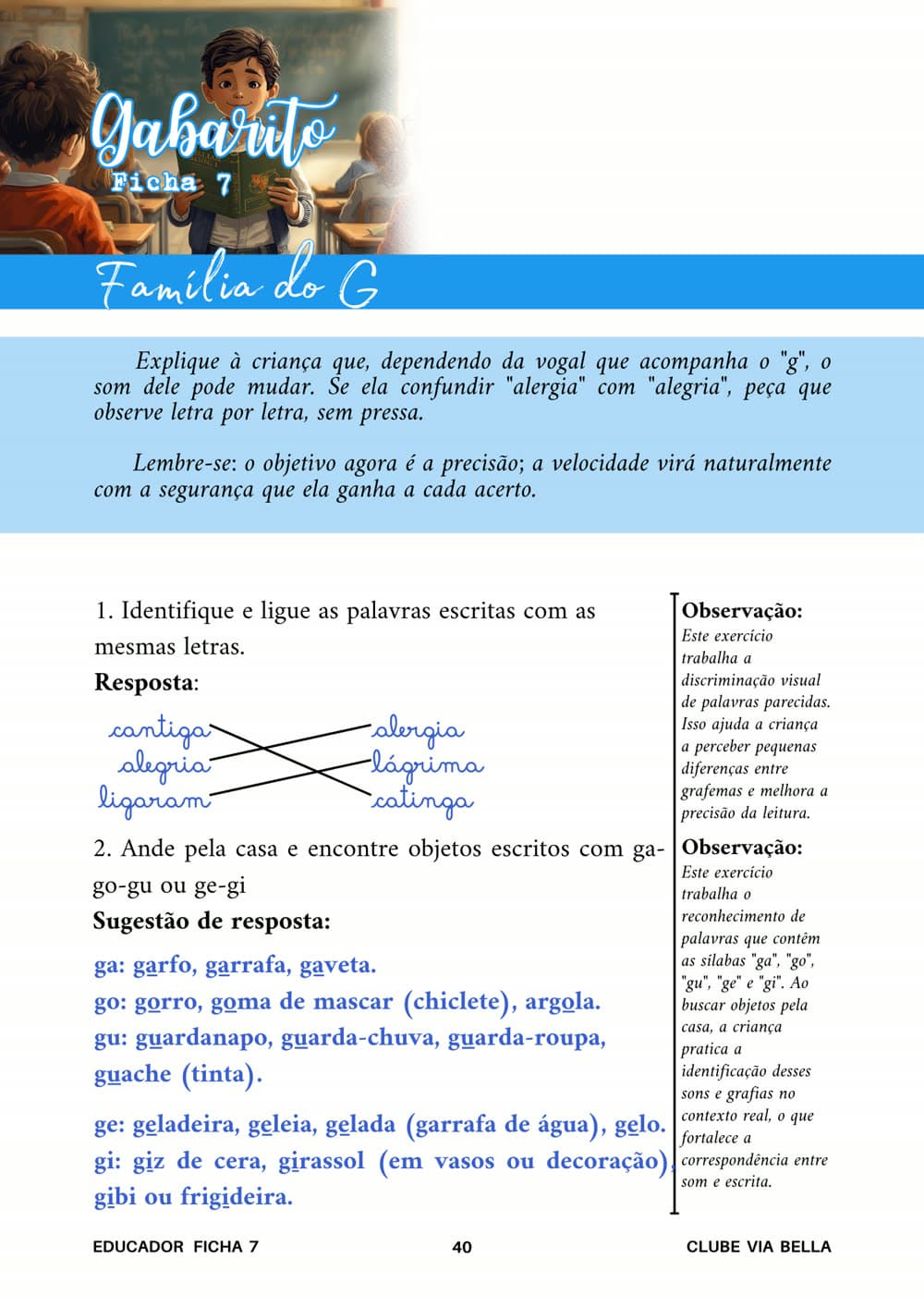 Caderno do Educador - gabarito da ficha 7 com respostas comentadas e observações pedagógicas