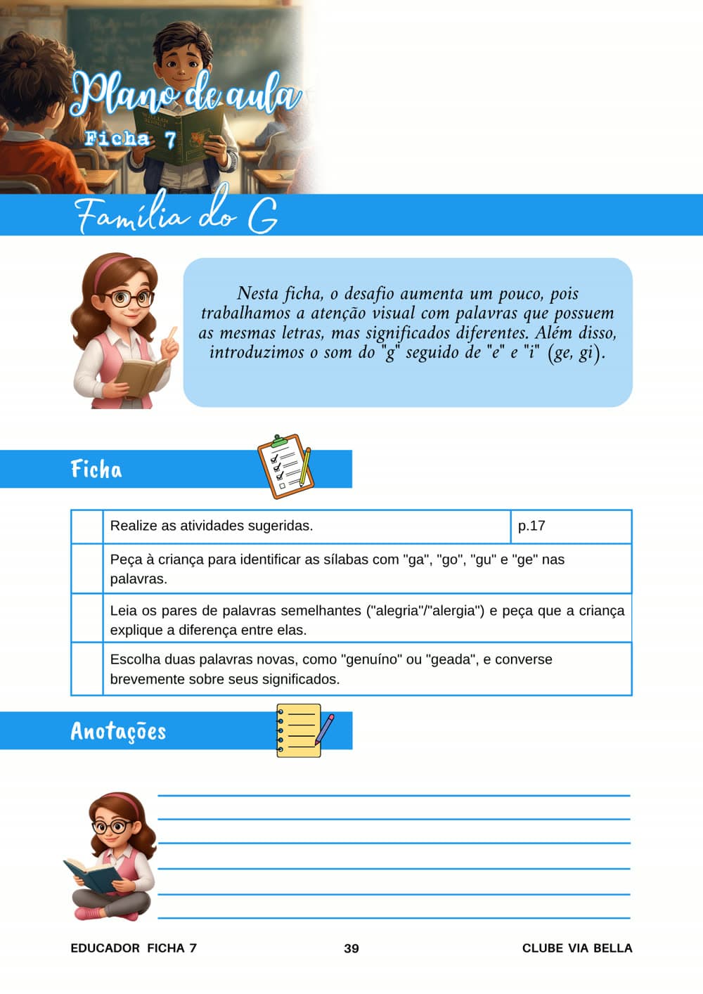 Caderno do Educador - plano de aula da ficha 7, Família do G, com orientações e espaço para anotações