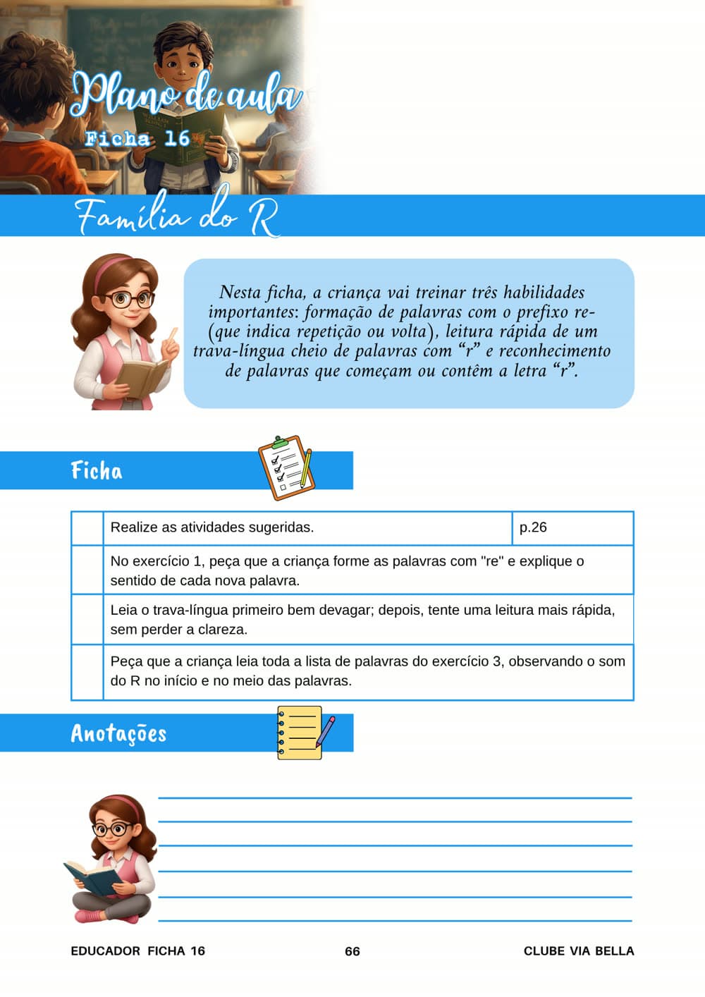 Caderno do Educador - plano de aula da ficha 16, Família do R, com prefixo re e trava-língua