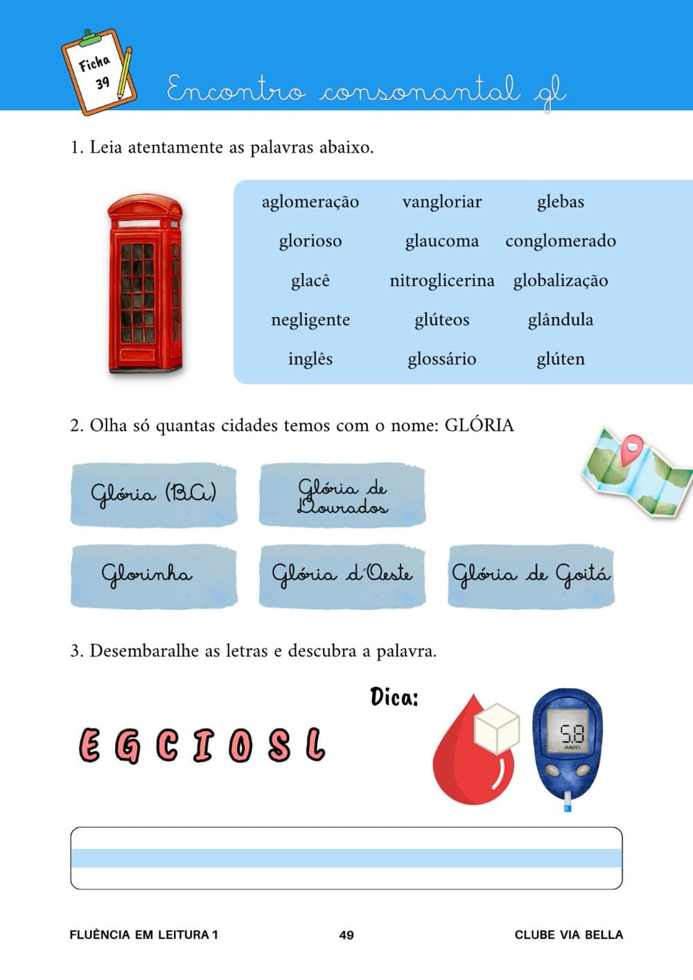 Ficha 39 - Encontro consonantal gl: lista de palavras, cidades com o nome Glória e desembaralhar letras