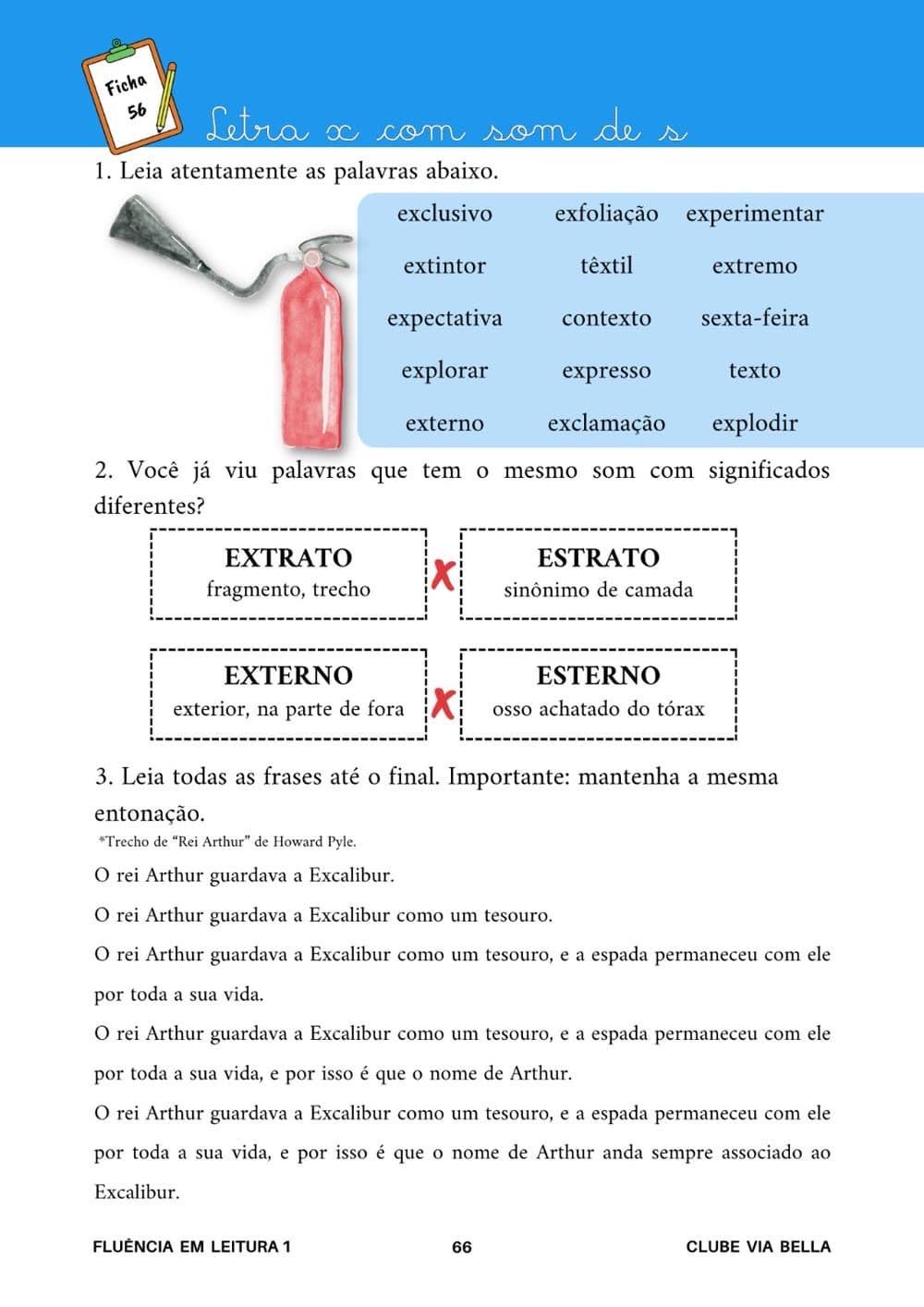 Ficha 56 - Letra x com som de s: lista de palavras, pares como extrato e estrato, trecho de Rei Arthur